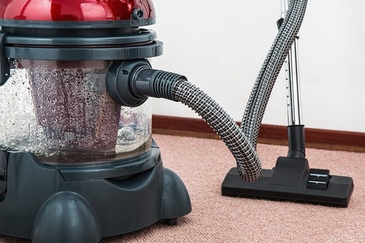 Red and black vaccum carpet cleaner for pest control